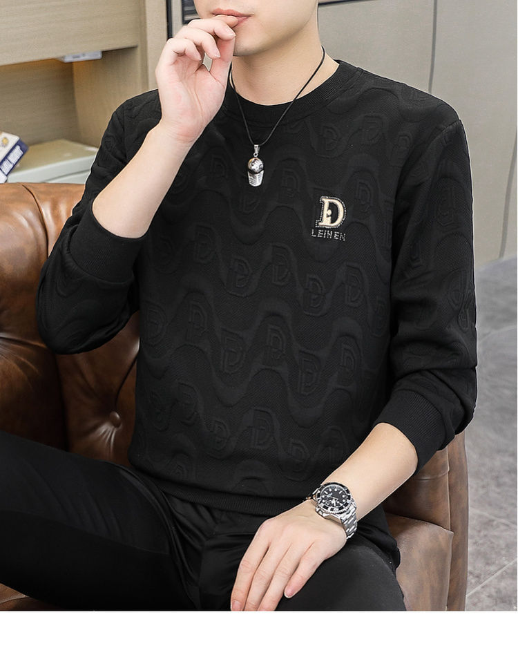 Lätt lyxig luvtröja för män höst och vinter, nytt exklusivt trendigt märke jacquard långärmad t-shirt mångsidig avslappnad_voghion.com