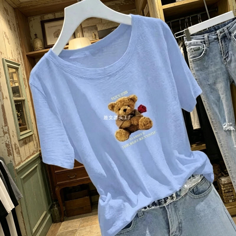 Summer New Style 100% Bamboo Cotton Short-Sleeved T-Shirt for Women, Round Neck, Loose, Pure Cotton, Age-Reducing, Loose, Thin, Korean Style Top