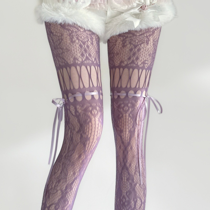 Vintage Lace-Up Thigh-High Fishnet Stockings, Sexy Retro Jacquard Slimming Black Stockings for Women with Bow Ties and Pantyhose