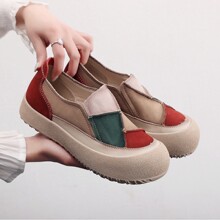 龍林2025春夏新款拼色厚舒适通勤底一脚蹬真皮单鞋名族风复古女鞋