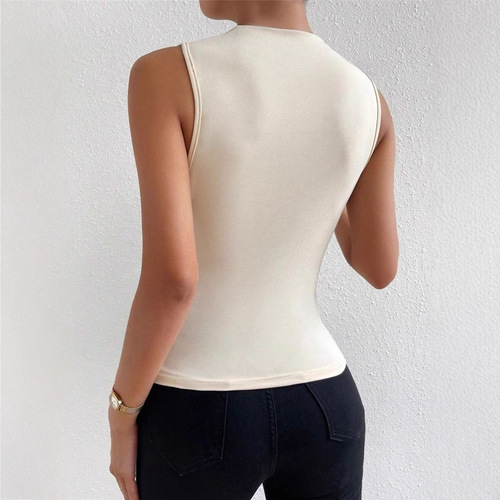 European and American Women's Spring/Summer Fashion All-match Solid Color Pleated Sleeveless Pullover Half-Turtleneck T-shirt