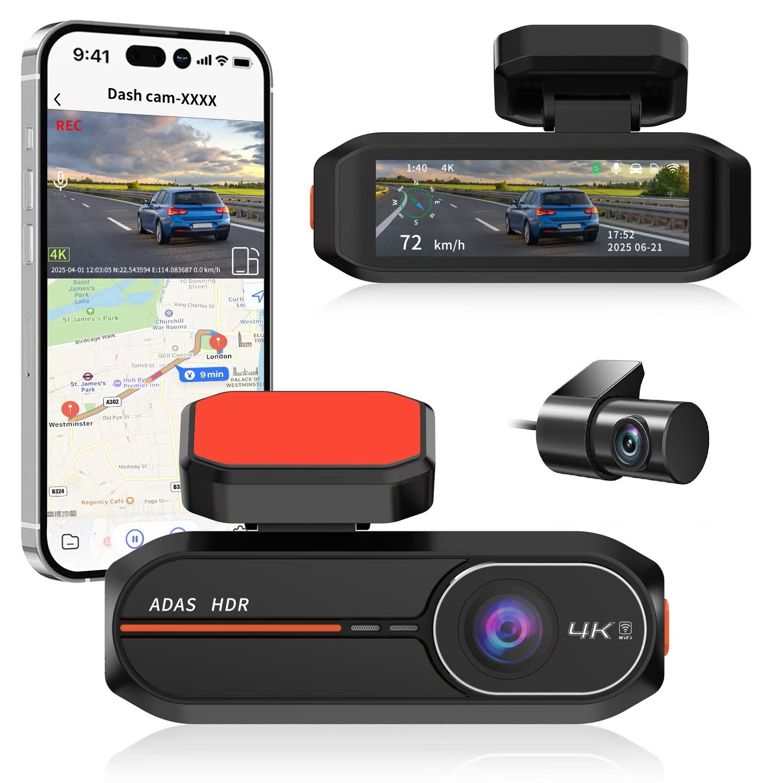 4K+Adas Dual Recording Front and Rear, High-Definition Night Vision, Supports Time-Lapse Recording, Gps Track Tracking, Driving Recorder