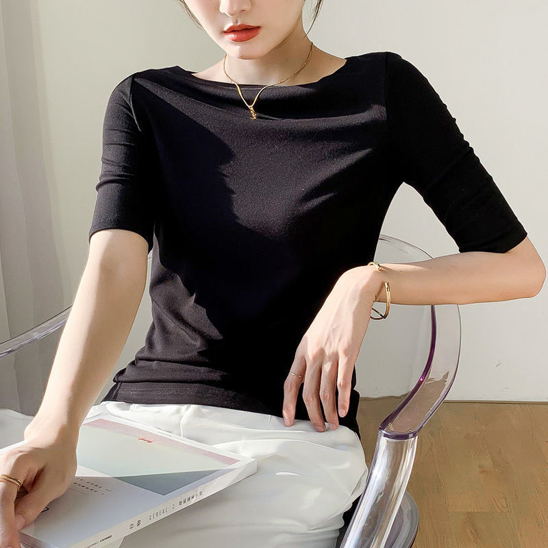中袖の洋風のモーダルの肩の上着の女性の春夏の薄い金の中で5分の袖のtシャツを掛けて合わせて底のシャツの女性を詰めます。|undefined