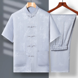 Ice Silk Tang Suit Men's Short-sleeved Middle-aged and Elderly Summer Clothes Chinese Loose Dad's Summer Clothes Grandpa Hanfu Suit