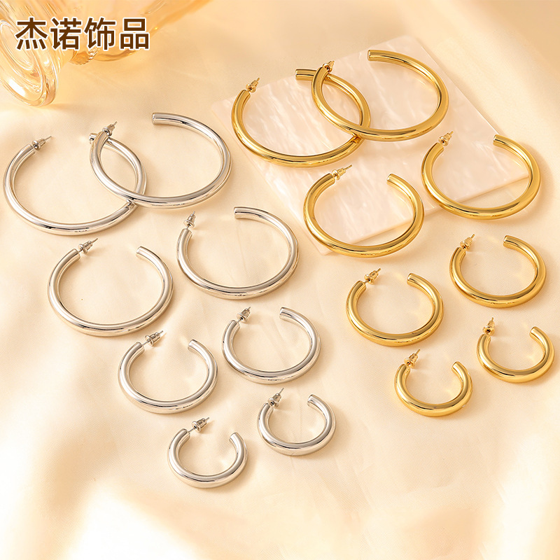 简约C型空心耳环30/40/50/60mm圆圈不锈钢耳饰开口设计几何耳圈