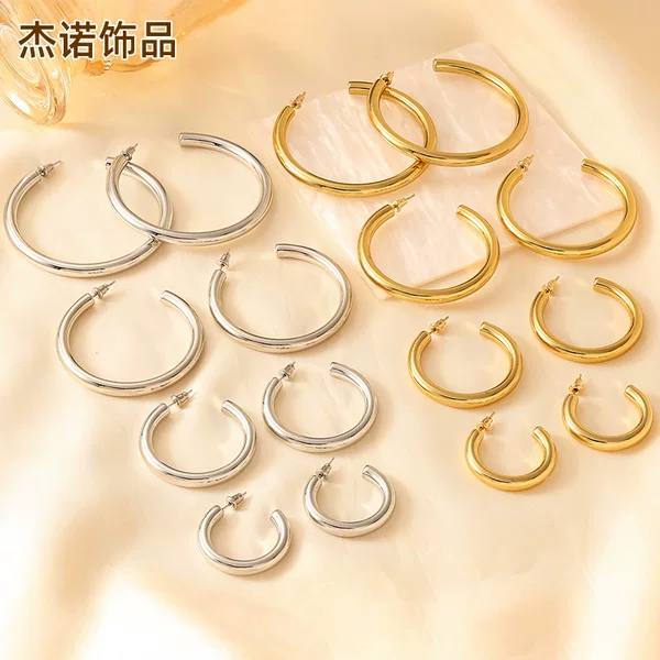 Casual C-Shaped Hollow Earrings 30/40/50/60mm Circle Stainless Steel Earrings Open Design Geometric Earrings