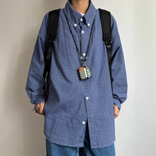 美式复古蓝色格子衬衫长袖男女高级感休闲宽松情侣衬衣外套春秋季