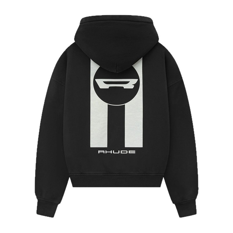 跨境潮牌 Rhude 经典大R字母复古水洗做旧印花短宽boxy连帽卫衣|undefined