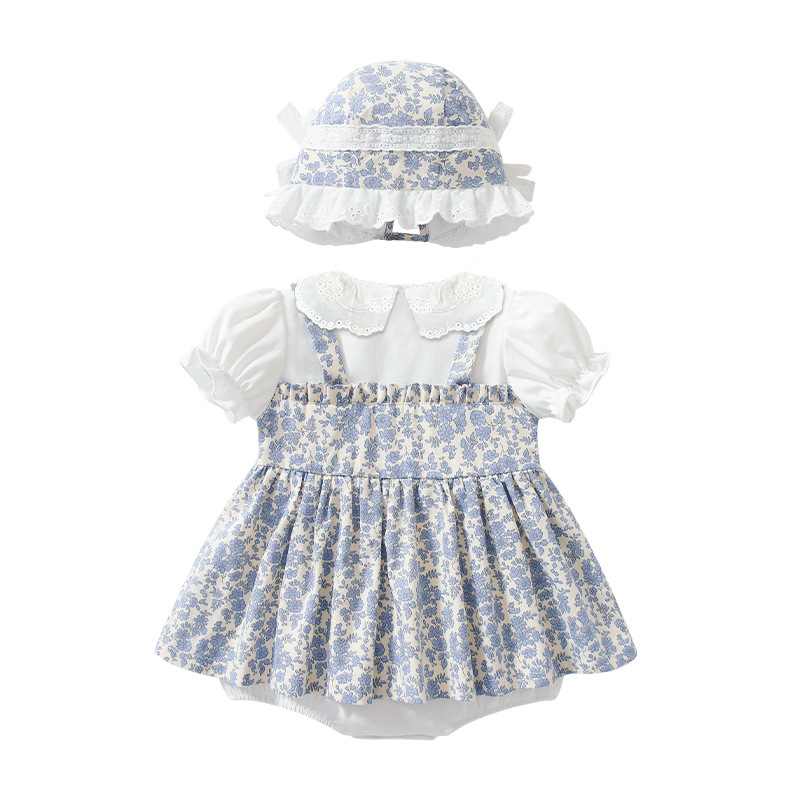 Falda de bebé púrpura impreso de manga corta falda de tirantes de encaje solapa dulce dama verano niña bolsa pedo vestido