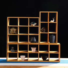 多宝格置物架竹制 博古架茶具架子 中式展示柜茶壶茶杯架小摆件