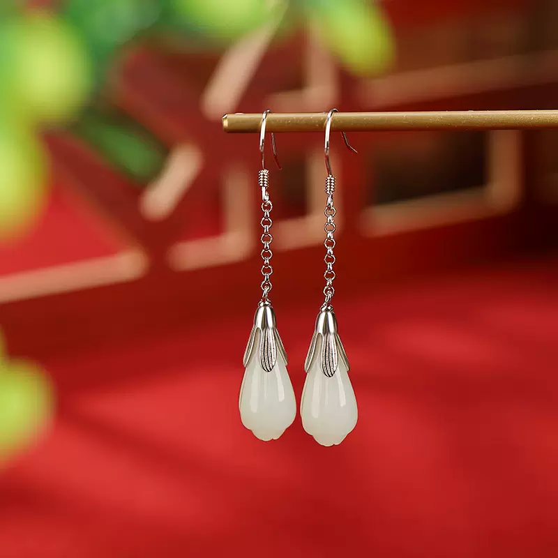 悦宝珠宝S925纯银和田玉国风复古气质玉兰花耳坠精致古风花朵耳坠