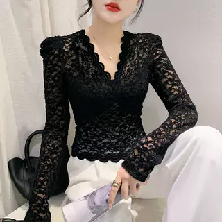 欧货2024秋季新款V领修身显瘦长袖蕾丝衫上衣女代发