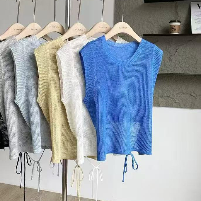 Ice Silk Lace-Up Hollow-Out Knit Top with Small Flutter Sleeves, Short-Sleeve T-Shirt with a Unique Design, Niche Style, Women's Summer Korean-Style Exquisite Top Ice Silk Lace-Up Hollow-Out Knit Top with Small Flutter Sleeves, Short-Sleeve T-Shirt with a Unique Design, Niche Style, Women's Summer Korean-Style Exquisite Top