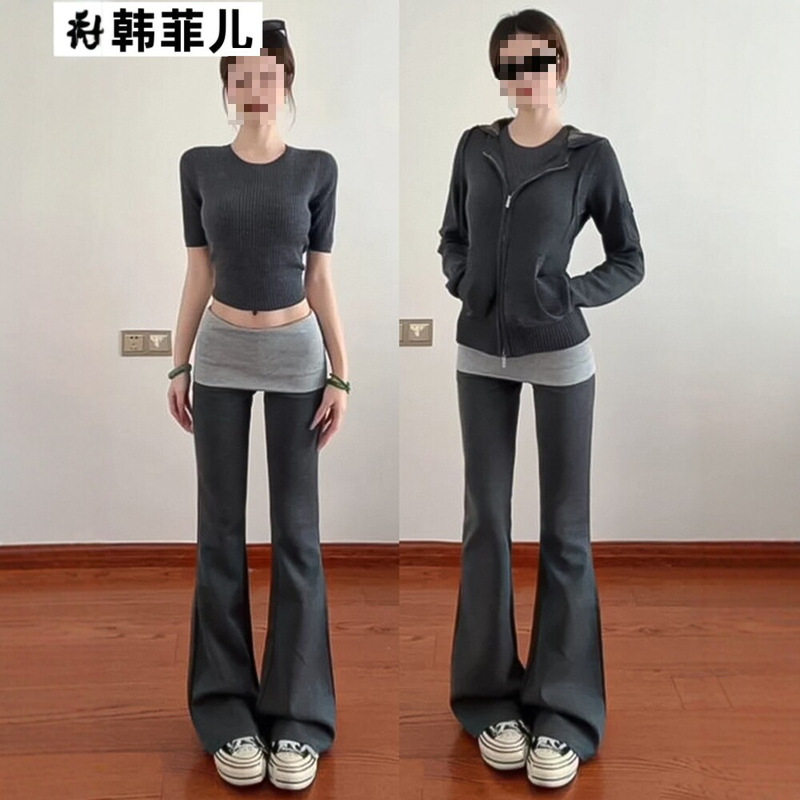 Trendy American-Style Casual Flared Pants for Women 2026 New Color-Blocking Slim-Fit Sweatpants with Drape Effect Trendy American-Style Casual Flared Pants for Women 2026 New Color-Blocking Slim-Fit Sweatpants with Drape Effect