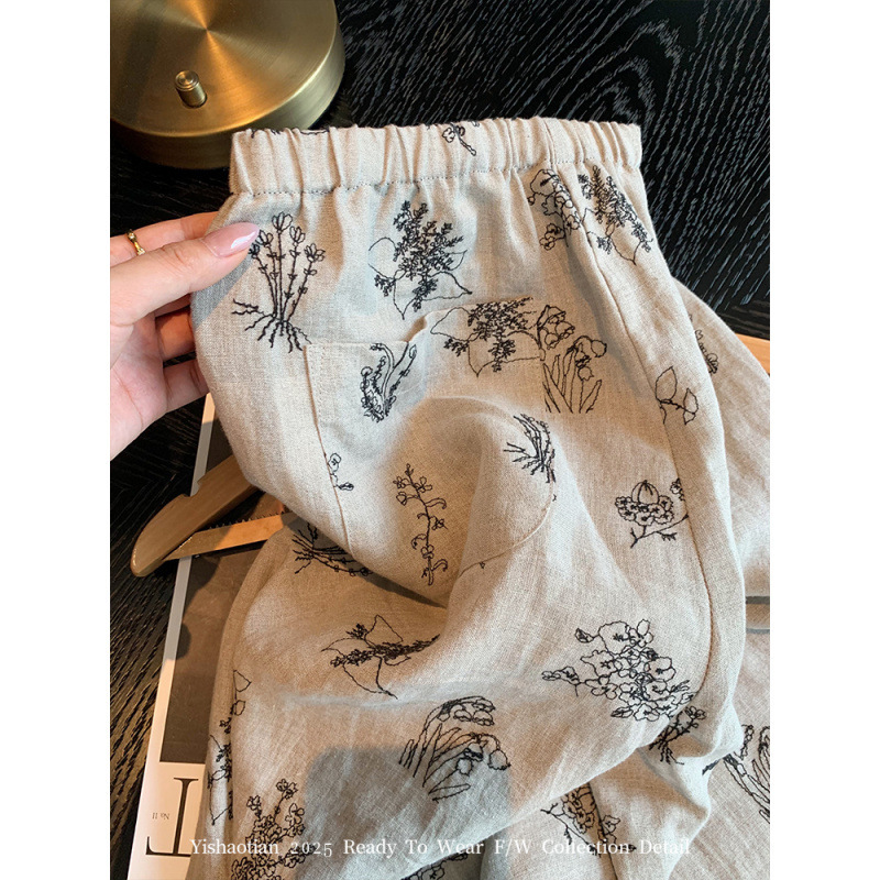 复古花朵刺绣亚麻阔腿裤女夏季新款设计感小众宽松舒适慵懒休闲裤|undefined