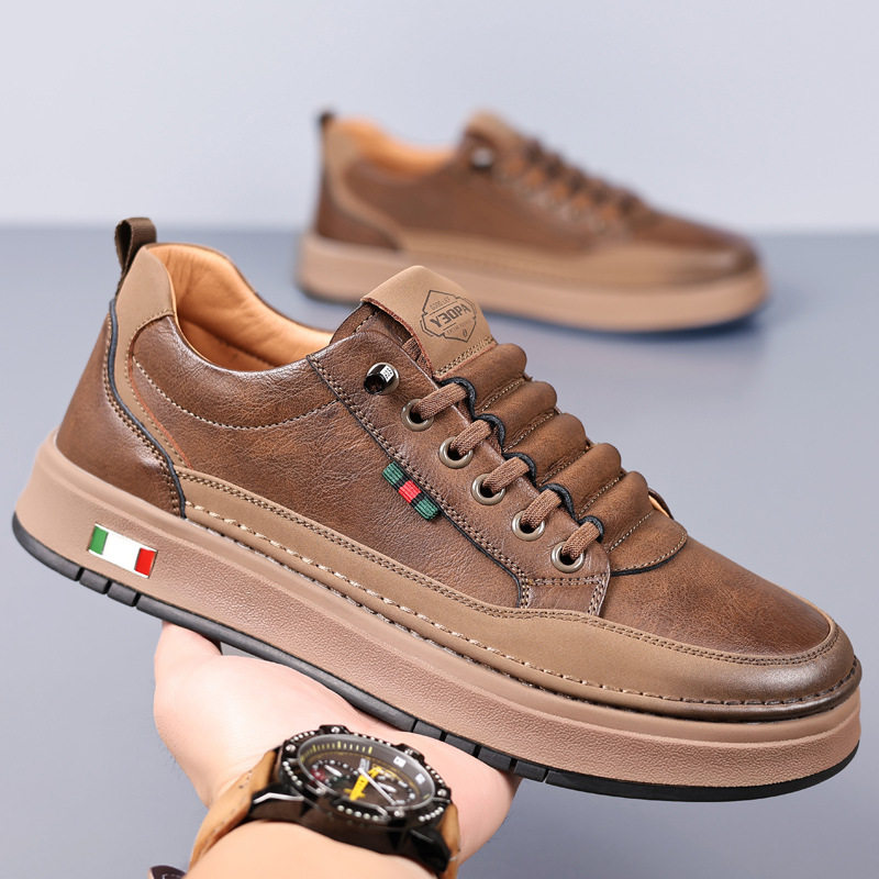 Giày da nam cổ thấp đế bằng, sneaker da bò mũi tròn phối dây thun, đế mềm thoáng khí — PZ7775 Màu nâu, PZ7775 màu be, PZ7775 màu trắng, PZ7775 màu đen