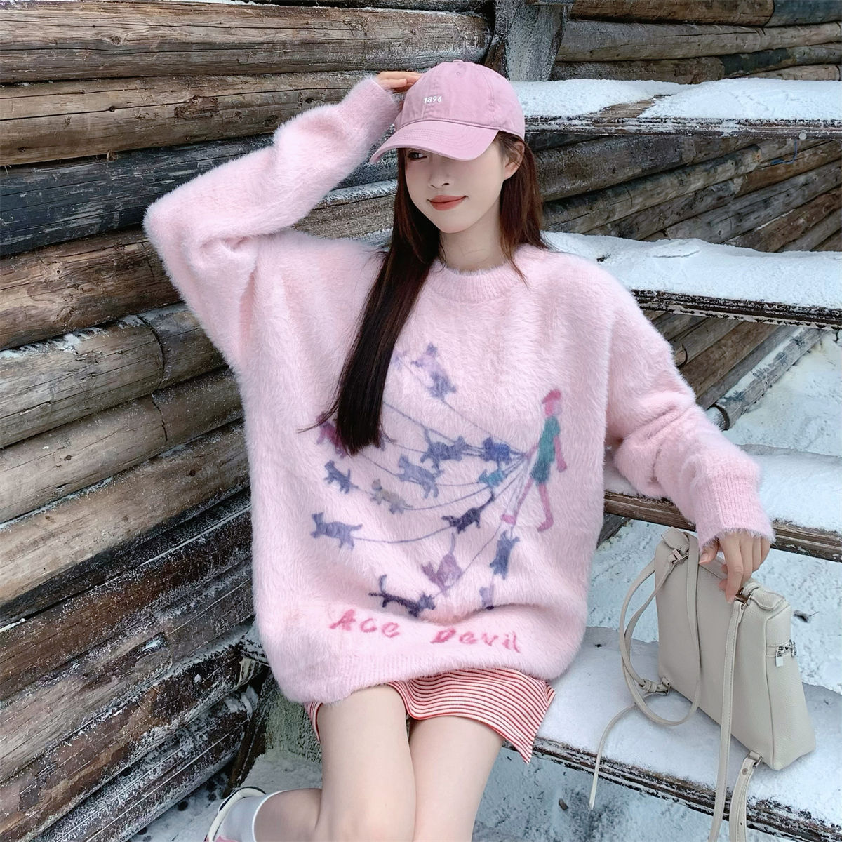 Søt minkpels-tegneseriemønster hundestrikket genser til dame, høstvinter, myk og lat løs genser_voghion.com