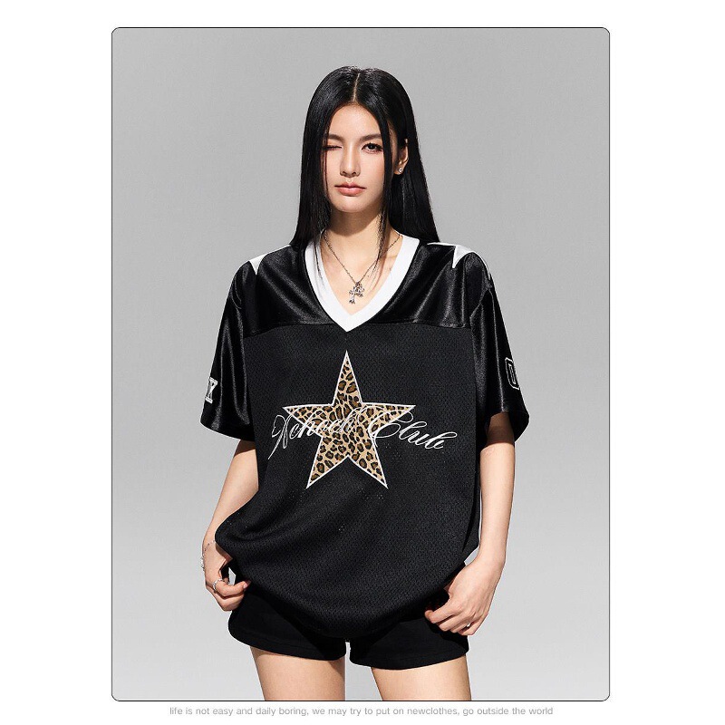 (Bird's Eye Fabric + Stretch Satin) Mesh Sports Top New Style T-Shirt for Women with Leopard Print and Five-Pointed Star Embroidery, Breathable and Quick-Drying