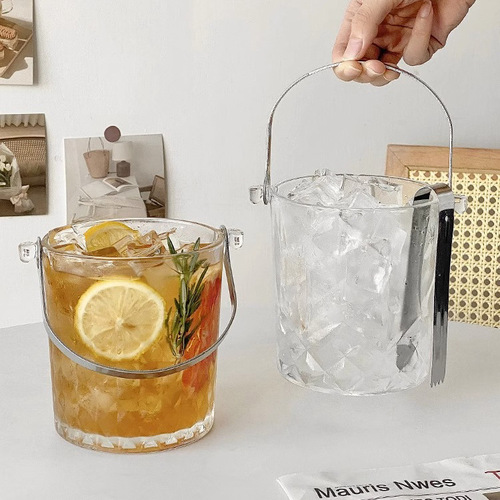 Creative carved glass portable ice bucket drink bucket ice clip thickened large capacity ins transparent fruit tea bucket container