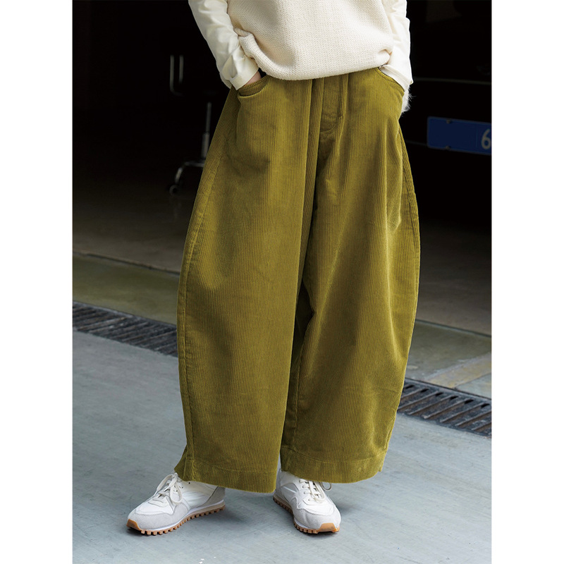 Lu Fu's New Japanese Style Lazy Style Curved Corduroy Casual Pants Wide Leg Elastic Waist Loose Slimming Look Pants for Women