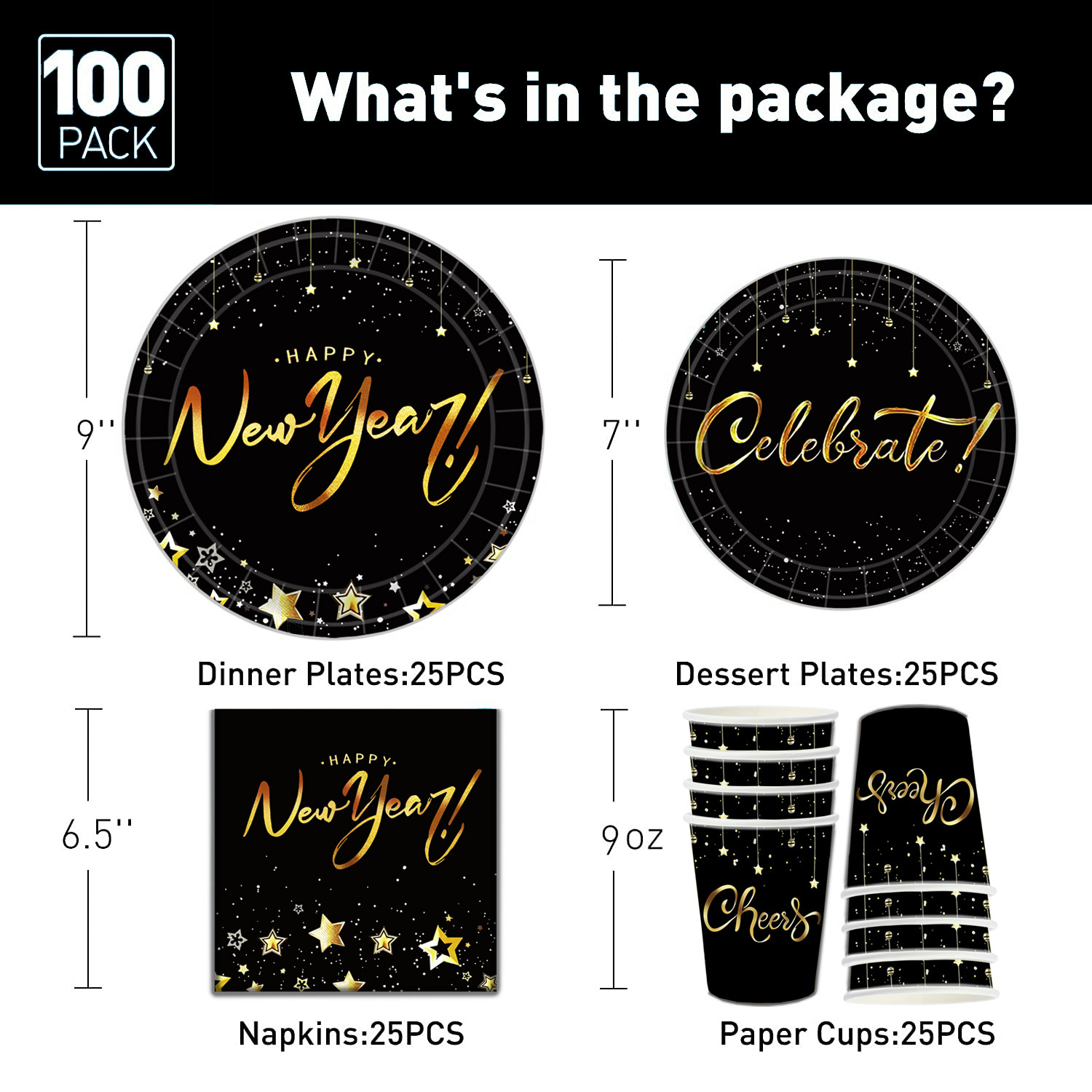 New Year Christmas New Year's Eve Party Paper Plate Tissue Paper Cup Disposable Tableware Black Gold Christmas Party