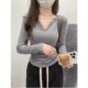 New 89001# Brushed Long-sleeved Warm Top Women's Comfortable Tight Waist V-Neck Slim-fit Slimming Base Shirt with Chest Pad
