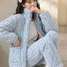 冬季加厚法兰绒睡衣女三层夹棉加厚加绒保暖家居服套装