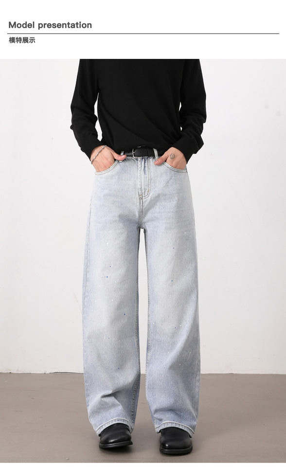Quần jeans nam ống rộng dáng suông giặt mài họa tiết vẩy mực — Màu xanh dương chi tiết 9