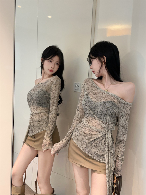 不规则斜肩长袖t恤女秋季辣妹一字肩绑带收腰上衣巨好看防晒罩衫|undefined