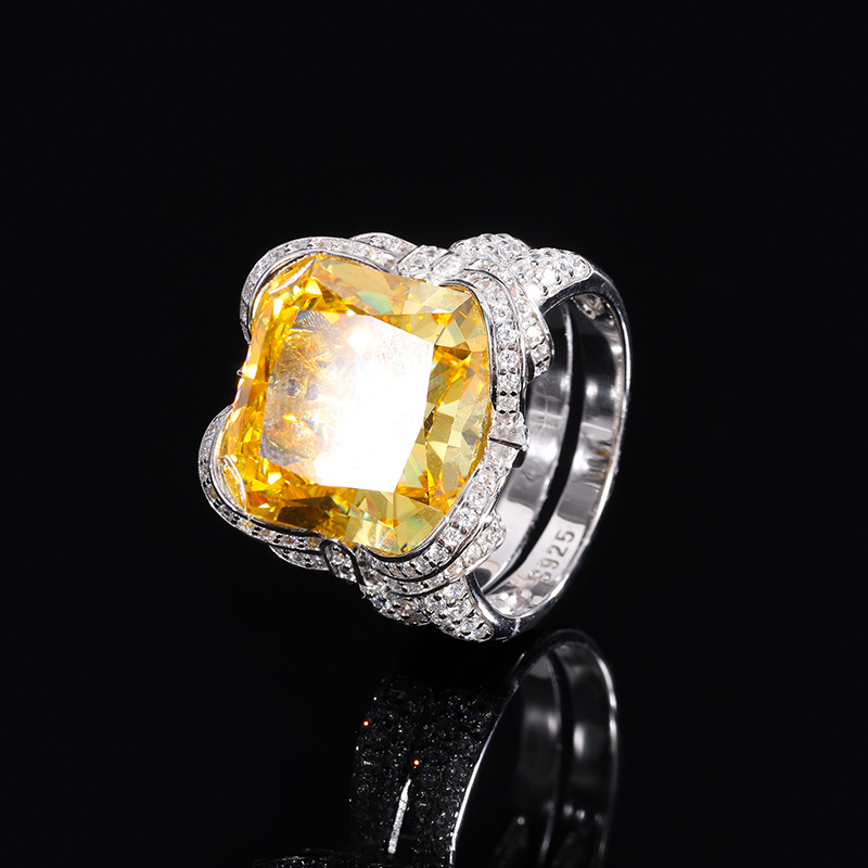 Zhuang Sheng joyería S925 plata diamante amarillo diamante cuadrado elegante traje de lujo piedra principal 14*14 10*10