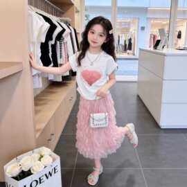 女童夏季套装设计感儿童韩版甜美爱心短袖小女孩T恤半身裙两件套