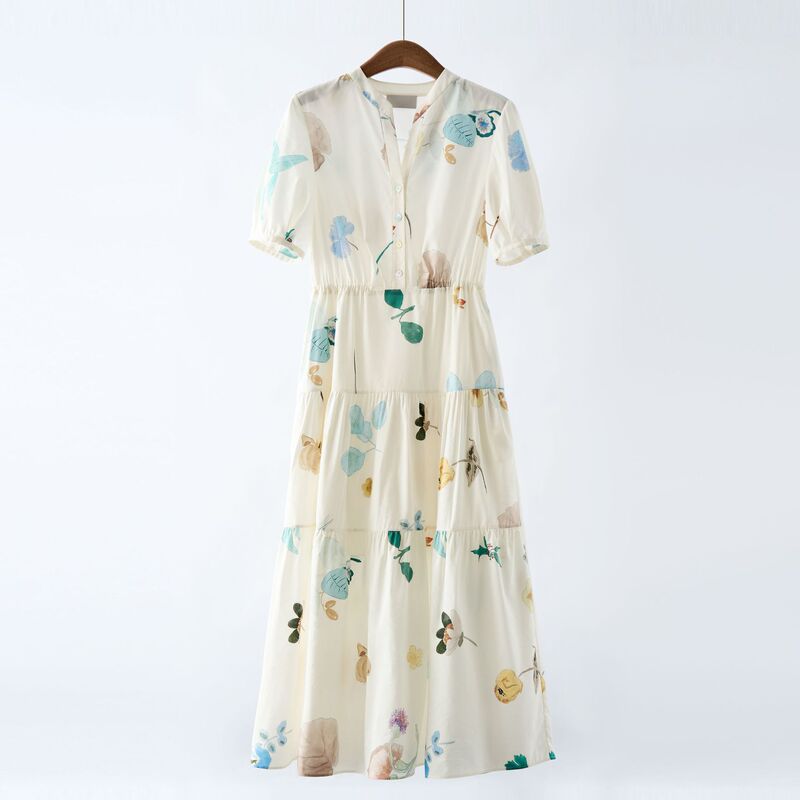 Original Factory Material! Mulberry Silk + Cotton! Watercolor Print V-Neck Waist-Cinching Puff Sleeve Long Dress for Summer 2025