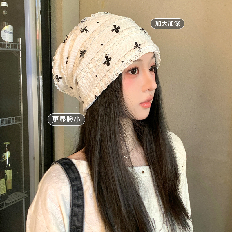 Beanie Hat for Women 2025 Spring and Autumn New Style with Bow Lace Trim, Large Head Circumference, Face-Slimming, Thin Style, Head-Covering Wool