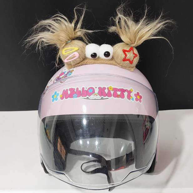 Quirky Sky-High Braid Helmet Accessories, Three Doll Motorcycle and Electric Scooter Riding Helmet Decorations with Ears and Double Ponytails