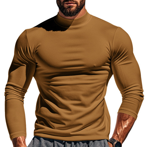 Amazon men's autumn/winter thermal fleece solid color long-sleeved pullover knit base shirt slim-fit half-high-neck top Meituan