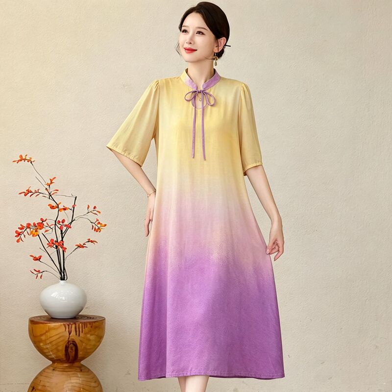 Middle-Aged and Elderly Women's Chinese-Style Cotton Silk Mid-Sleeve Dress for Summer, Elegant and Slimming Plus-Size Qipao Dress for Moms Middle-Aged and Elderly Women's Chinese-Style Cotton Silk Mid-Sleeve Dress for Summer, Elegant and Slimming Plus-Size Qipao Dress for Moms