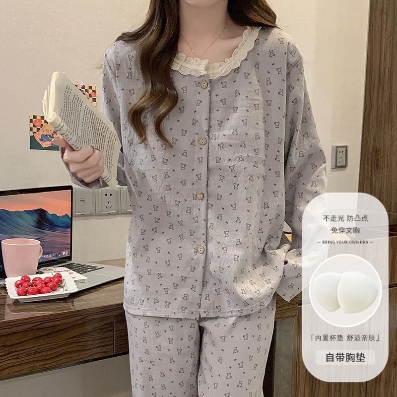 Pijamas al por mayor transfronterizos de mujeres con cojín de pecho primavera y otoño cardigans de mangas largas pantalones dulces nubes de algodón perfumado ropa para el hogar