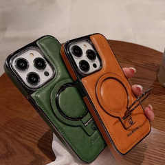 適用iPhone15pro電鍍皮革手機殼一體支架蘋果14商務磁吸保護套13P