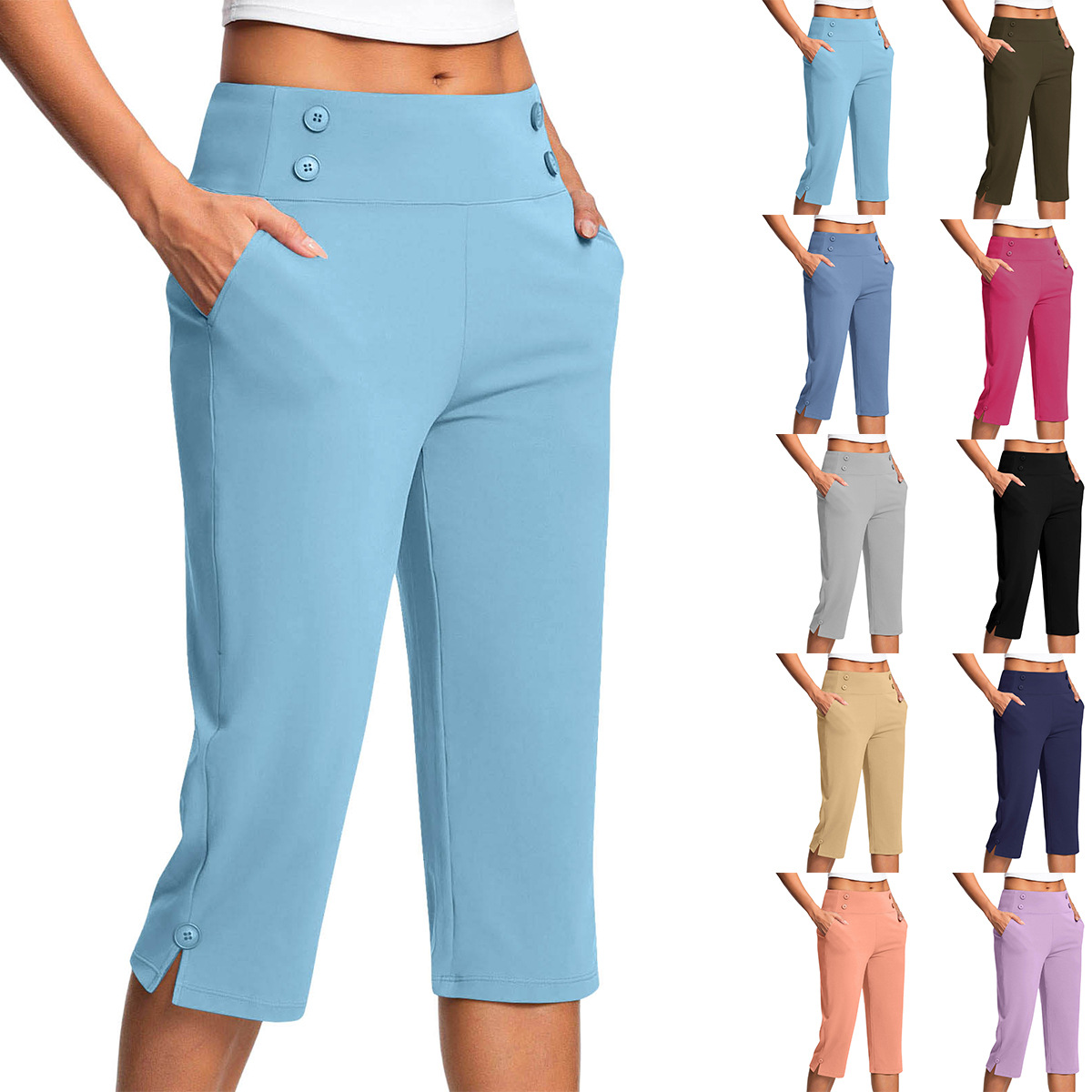 European and American New Solid Color Women's Elastic Casual Comfortable Fitness Yoga Capri Pants with Pockets
