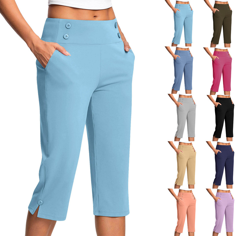 European and American New Solid Color Women's Elastic Casual Comfortable Fitness Yoga Capri Pants with Pockets