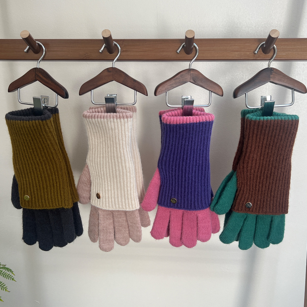 雙層針織保暖手套女冬季加厚學生騎行戶外可觸屏漏露手指頭五指