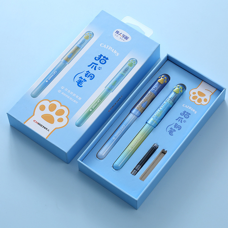 伝統的なかわいい猫の爪ギフトボックス小学生用ペン、交換可能なインクバッグ付き、書道ペンの練習用の見栄えの良いセット|undefined