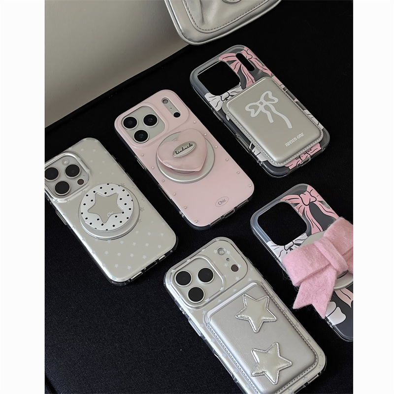 Coque coréenne simple à nœud papillon et étoiles pour iPhone 17/16 Pro Max/15/14, motif cœur girly_voghion.com