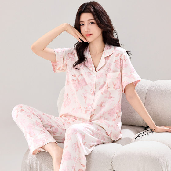 Cotton Silk Pajamas Women's Spring and Autumn Short-sleeved Cardigan suit Summer Thin Artificial Cotton plus size Simple Outer Wear Home Clothes