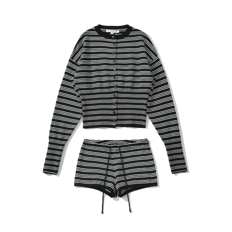 Hot Girl Outfit Set for Women 2025 Autumn Style Color-Block Striped Waist-Cinching Long-Sleeve Knitted Cardigan Sweater + Drawstring Low-Waist Shorts