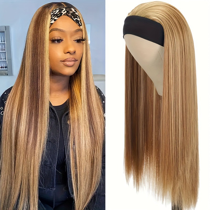 Parrucca liscia con fascia per capelli – Capelli sintetici resistenti al calore in nero/marrone/bordeaux (24/26/28/30/32 pollici)_voghion.com