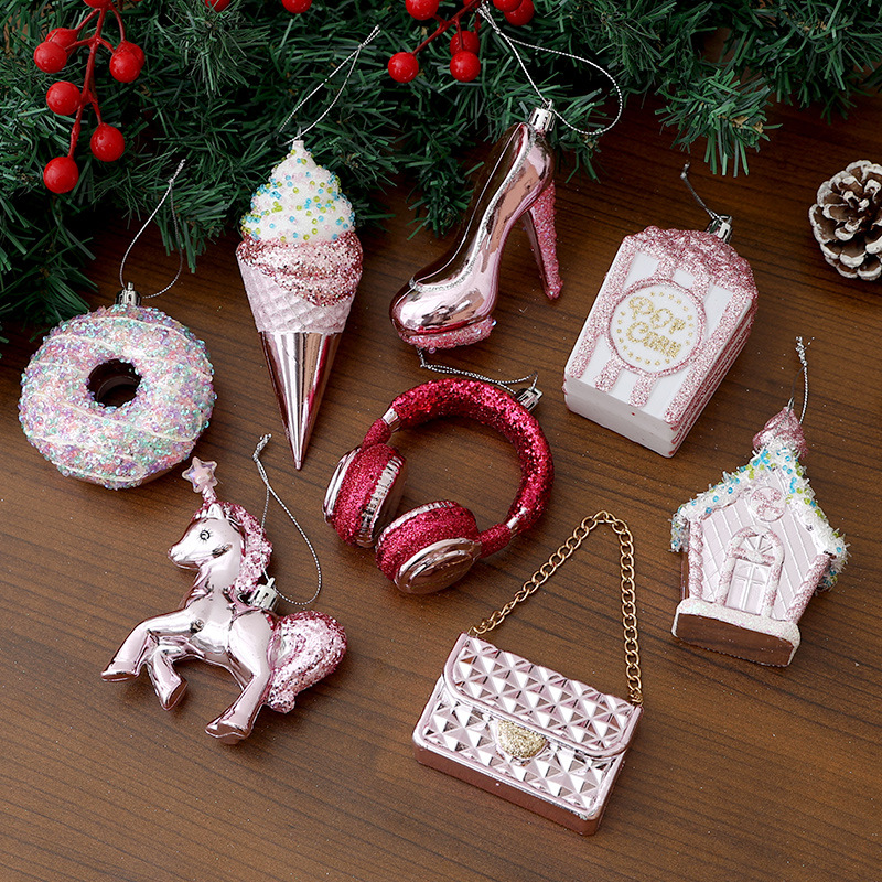 Colgantes navideños transfronterizos colgantes de decoración de árbol de Navidad galvanizados de color rosa colgantes de ambiente de fiesta suministros de decoración navideña