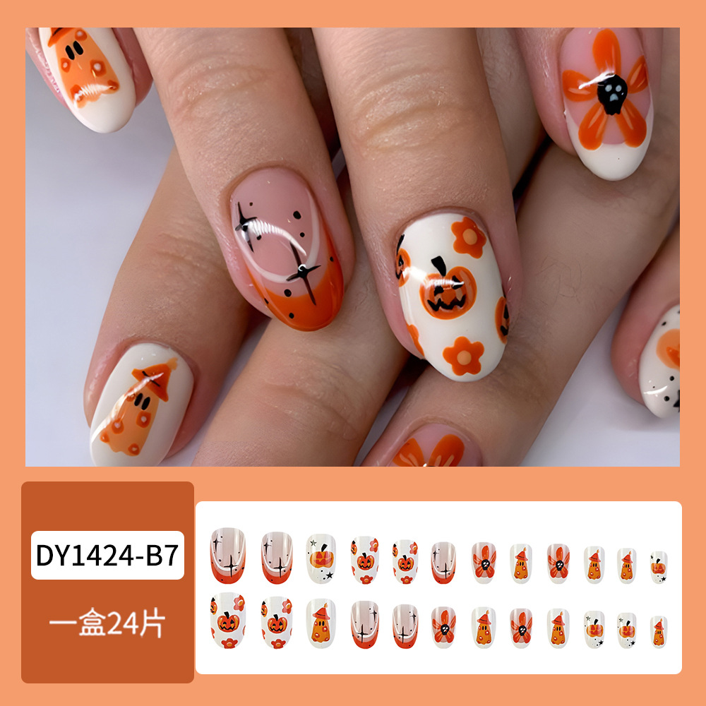 Europa y América venta caliente naranja borde de moda manicuras falsas flores de la noche estrellada manicuría manicuras calabazas Halloween usar uñas image 3