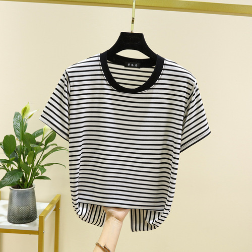 Bitumen fashion striped crew neck short sleeve T-shirt with hemmed edge, summer casual simple loose women's top