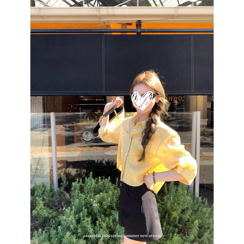 Axbbb Paris 8Th District Linen Shirt Sun Protection Two-Tone Collar Embroidered Pocket Loose Long Sleeve Top